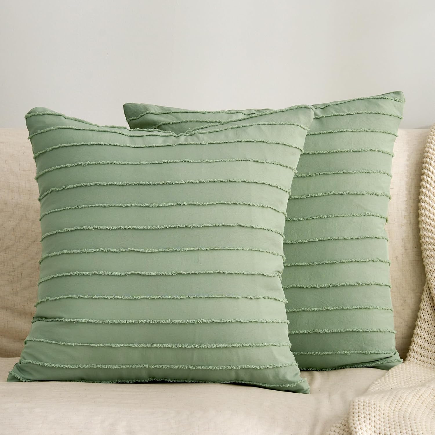 Jellymoni 2 Pack Light Green Pillowcases 18" x18", Soft Microfiber Striped Tufted Pillow Covers(Pillows are not Included) 2 Pack 18 inches…