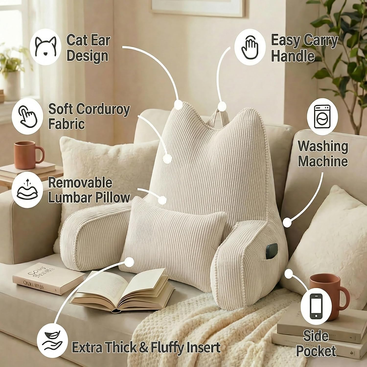 Ailuteie Patented Design Reading Pillow with Arms for Sitting Up, 2-in-1 Bed Rest Pillow with Detachable Lumbar Support, Backrest Support C…