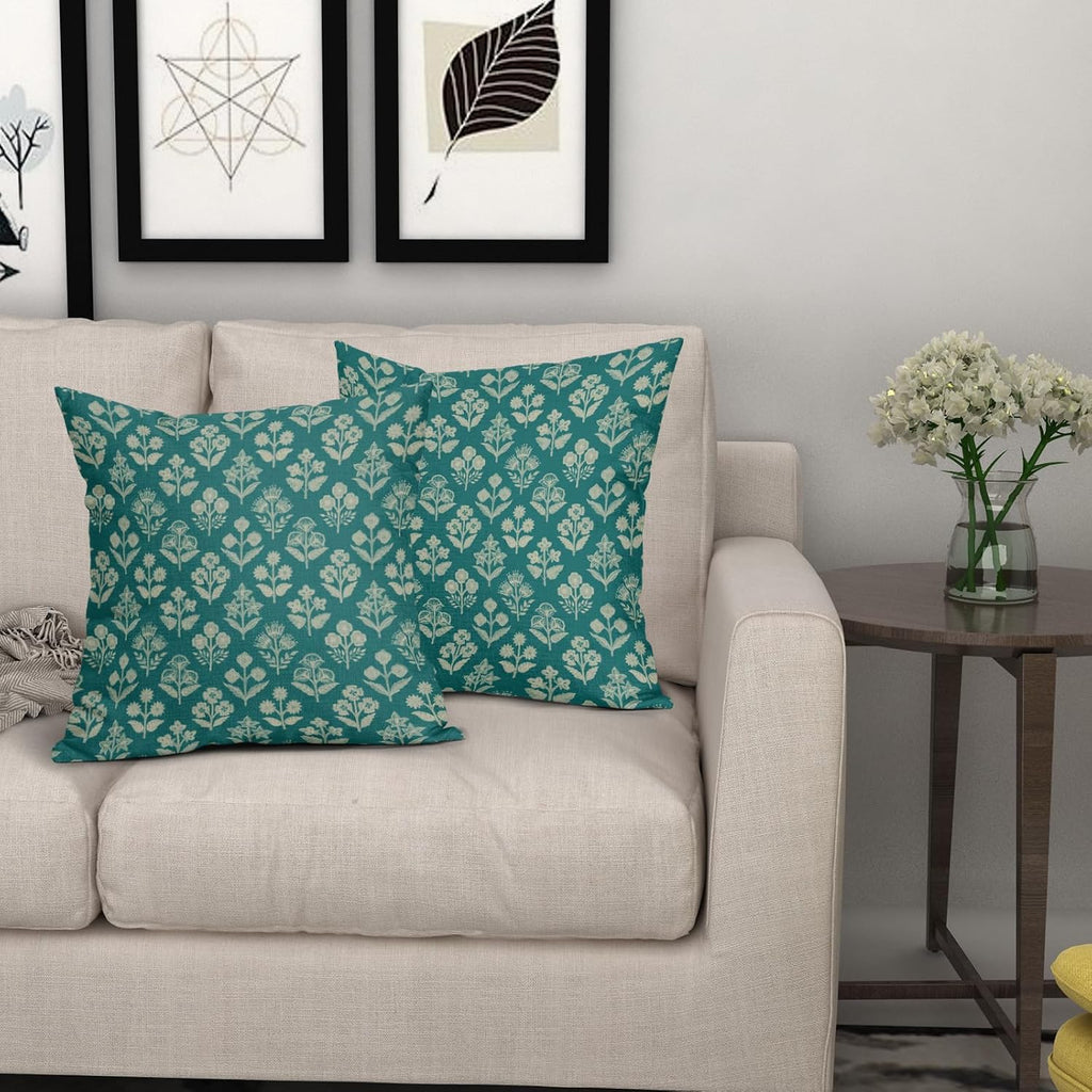 Teal Floral Block Print Pillow Covers 18x18 Inch Set of 2, Vintage Flower Pattern Decorative Throw Pillowcases Outdoor Farmhouse Cushion…