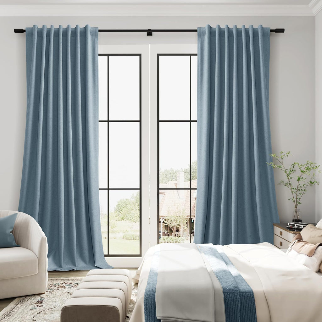 Guken Blue Linen 100% Blackout Curtains 108 Inches Long 2 Panels Set Country Farmhouse Back Tab Hook Belt Black Out Room Darkening Thermal…