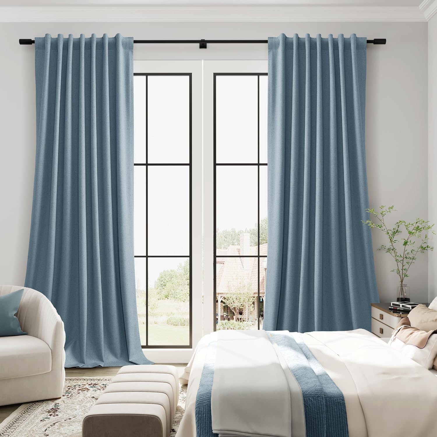 Guken Blue Linen 100% Blackout Curtains 108 Inches Long 2 Panels Set Country Farmhouse Back Tab Hook Belt Black Out Room Darkening Thermal…