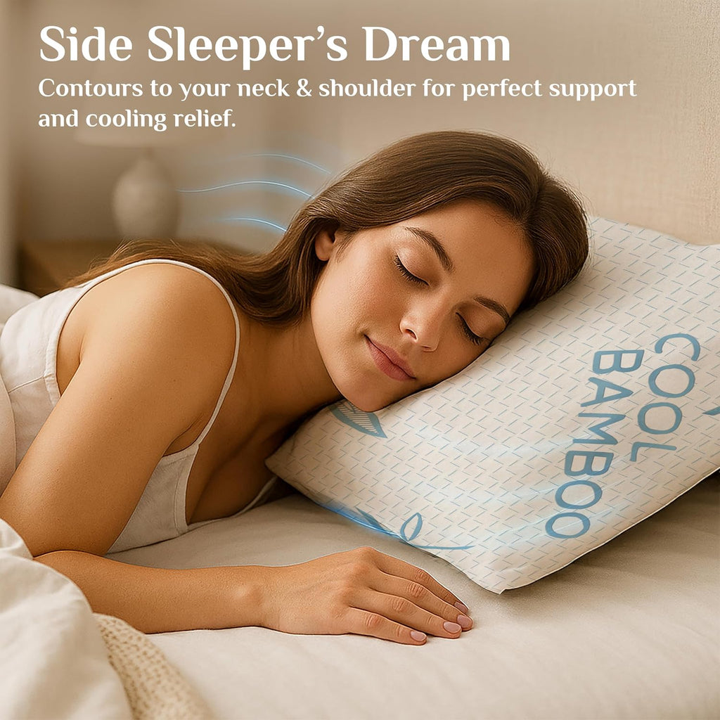 OMEO 2 Pack Bamboo Pillow Queen Size for Sleeping, Hypoallergenic Cooling Shredded Memory Foam Bed Pillows for Side, Back and Stomach…