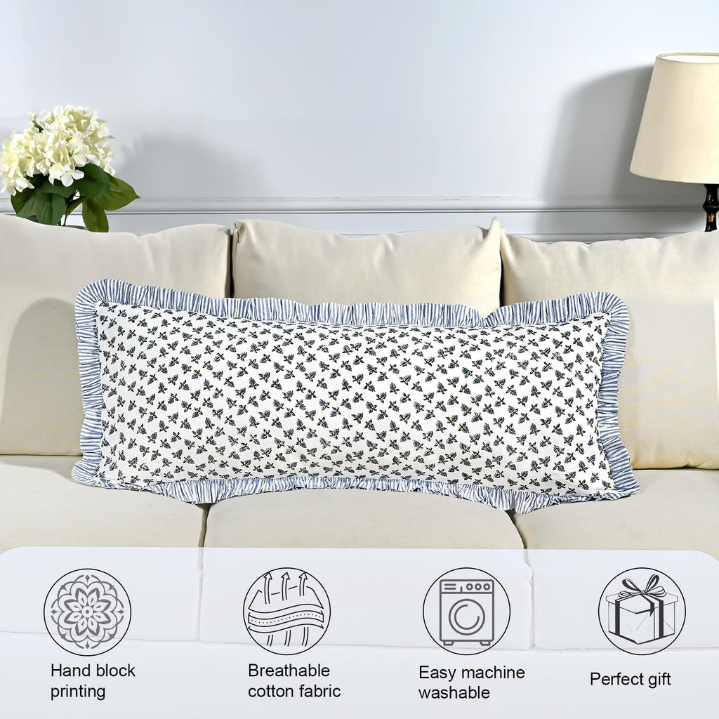 Ridhi Block Print Baby Blossams 36"x14" Set 1-100% Cotton Ruffle Lumbar Sham Cover Boho Floral Pillowcase, Farmhouse Cottagecore Bedding…