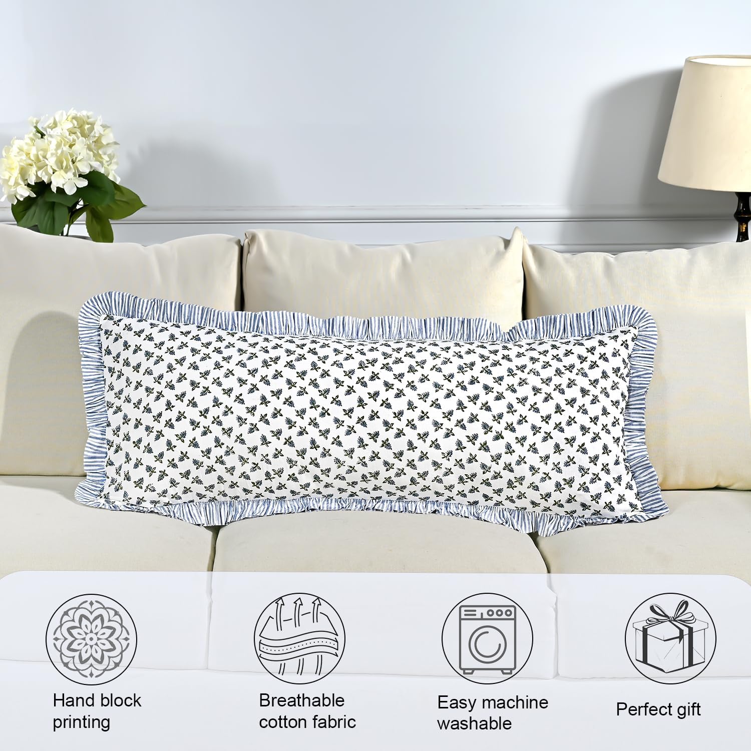 Ridhi Block Print Baby Blossams 36"x14" Set 1-100% Cotton Ruffle Lumbar Sham Cover Boho Floral Pillowcase, Farmhouse Cottagecore Bedding…