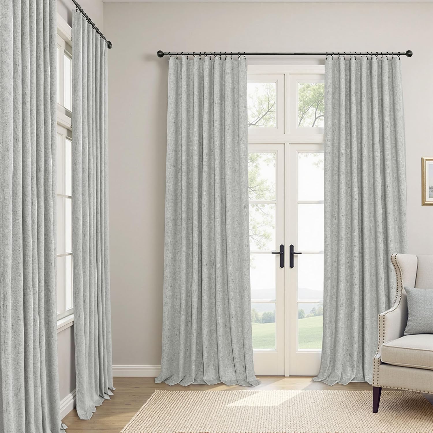 Pitalk 63 Inch Length Curtains for Living Room Black Out 2 Panel Faux Linen Rustic Country Farmhouse Style Room Darkening Light Gray Blacko…