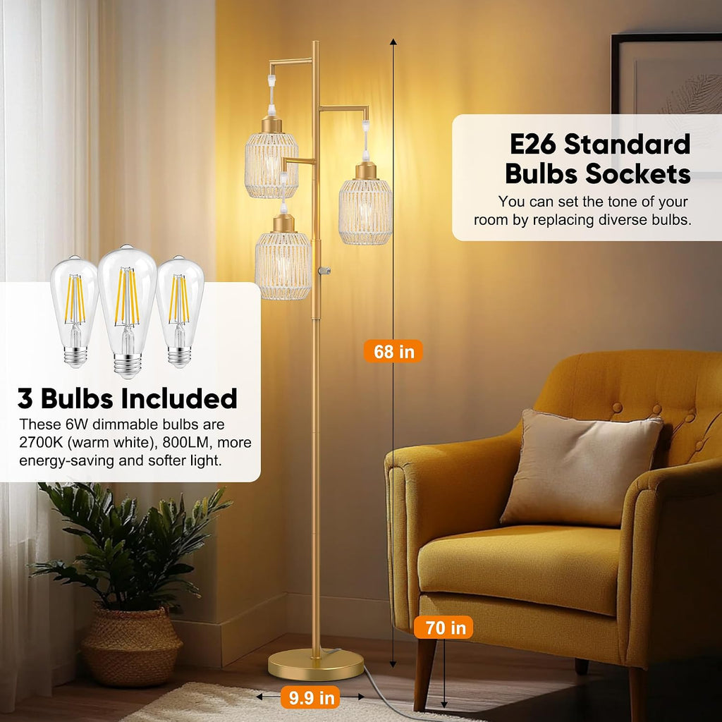 ROTTOGOON Dimmable Boho Floor Lamp - 3 Light Farmhouse Rattan Floor Lamp for Living Room, Industrial Tree Floor Lamps with 3 X 6W LED…