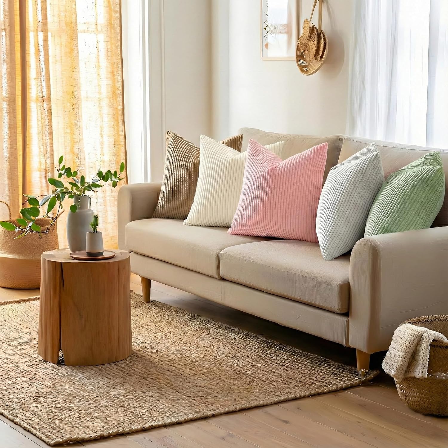 Mecatny Corduroy Summer Decorative Throw Pillow Covers 16x16 Set of 2 for Sofa Living Room, Soft Neutral Boho Couch Pillow Covers for…