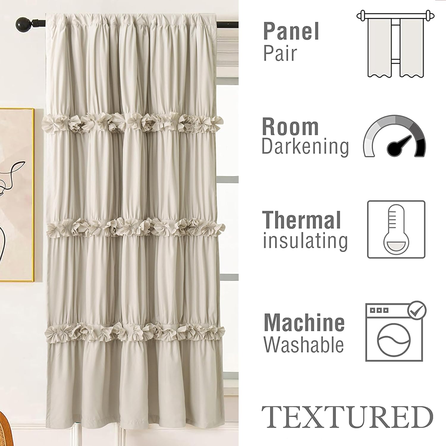 Homechoice Decor Thermal Insulated Blackout Window Curtains, 42" W x 63" L (Pair), Boho Ruched Window Treatments with 3 Rows of Butterfly…