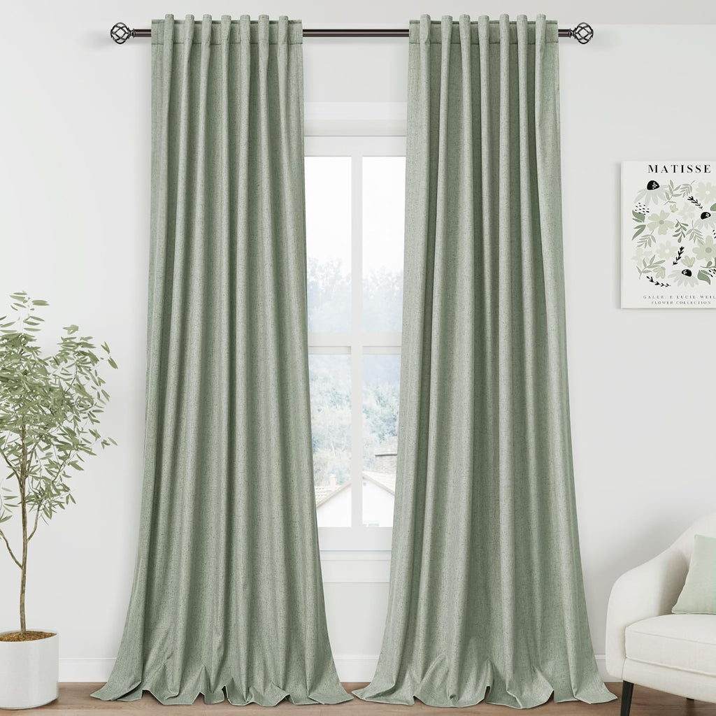 Nanspring Desert Sage 100% Blackout Linen Curtains for Bedroom 90 Inches Long Back Tab Thermal Insulated Modern Farmhouse Decor Black Out C…