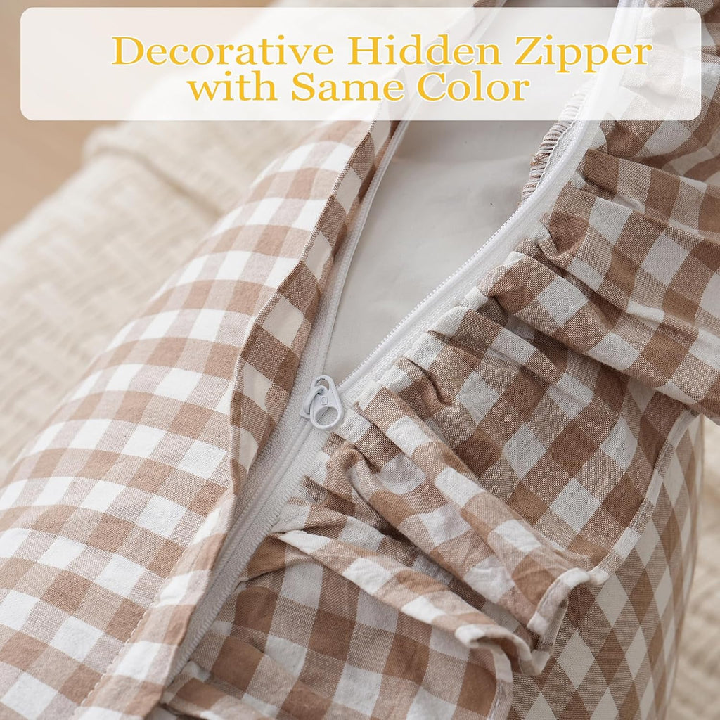 Qilunn 2 Pack Taupe/Brown Plaid Ruffle Throw Pillow Covers Farmhouse Checkered Chic Washed Cotton Pillowcases Gingham Pillow Shams for Bed,…