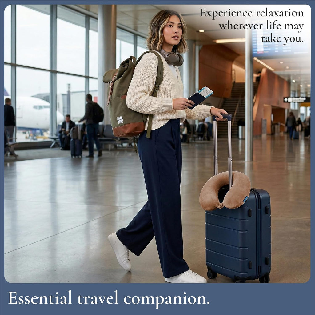 Brookstone Travel Neck Pillow - Lightweight U-Shaped Memory Foam Travel Pillow for Airplane, Car Travels & Sleeping, Khaki