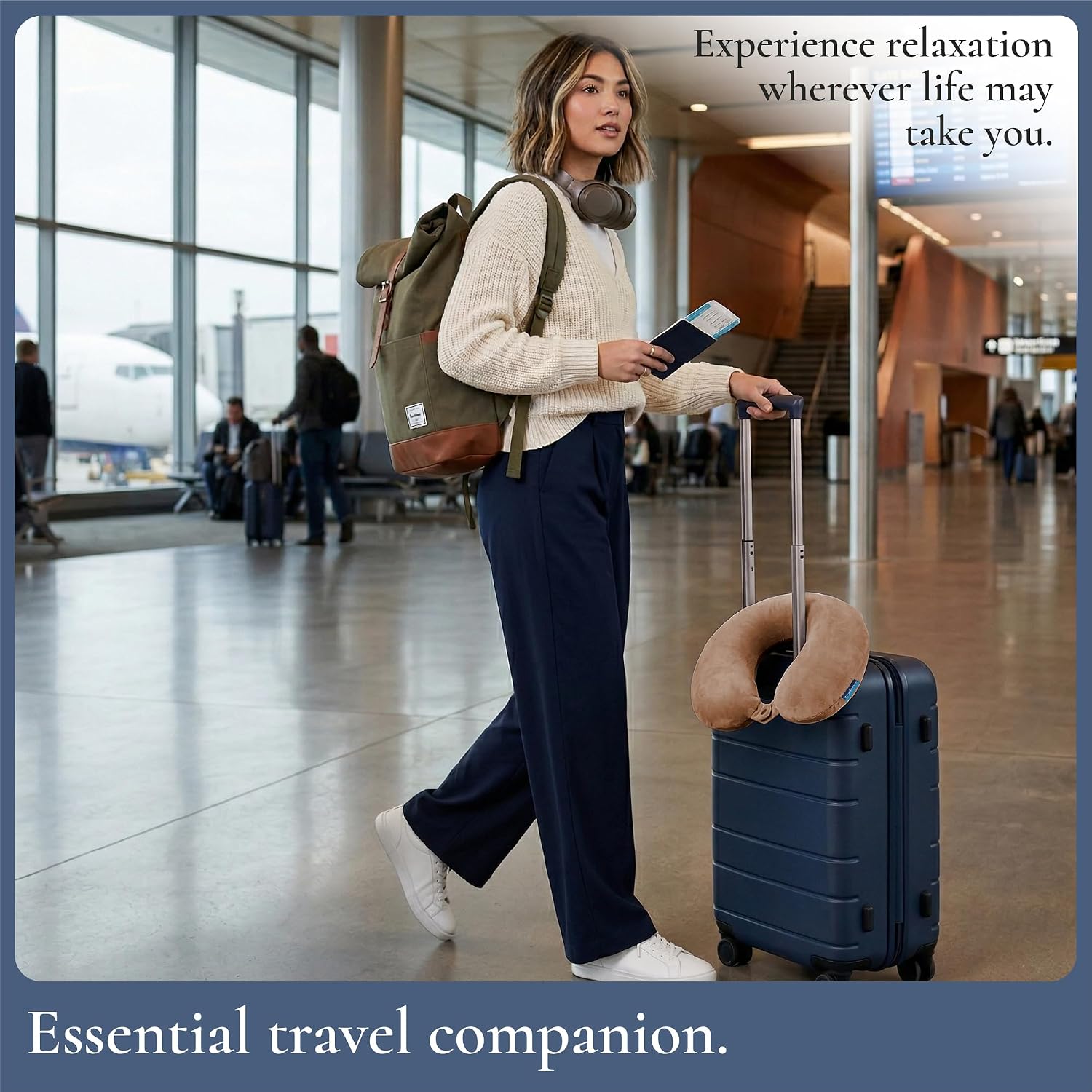 Brookstone Travel Neck Pillow - Lightweight U-Shaped Memory Foam Travel Pillow for Airplane, Car Travels & Sleeping, Khaki