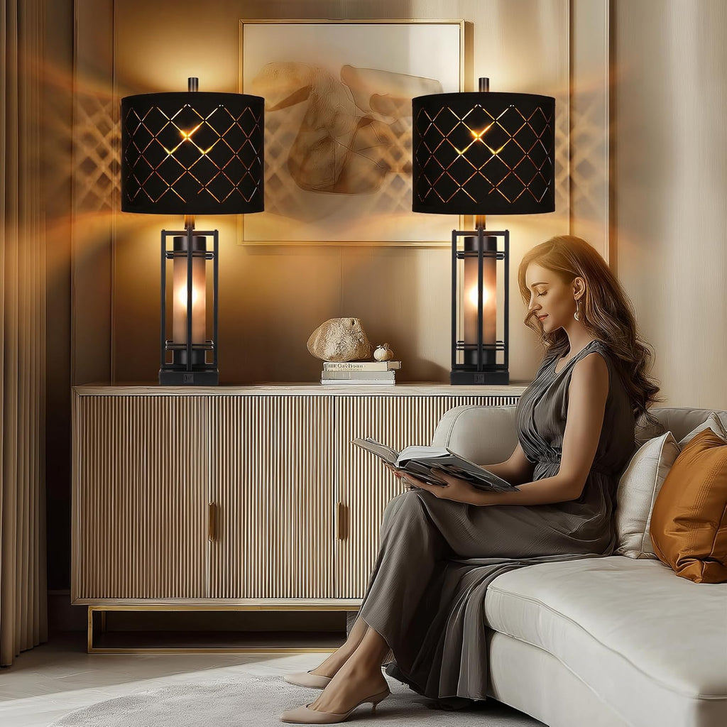 Modern Table Lamp Set of 2, Nightstand Lamps with Black Grid Shade, Bedside Lamps with USB A+C Charging Ports, Decorative Table Lamp…