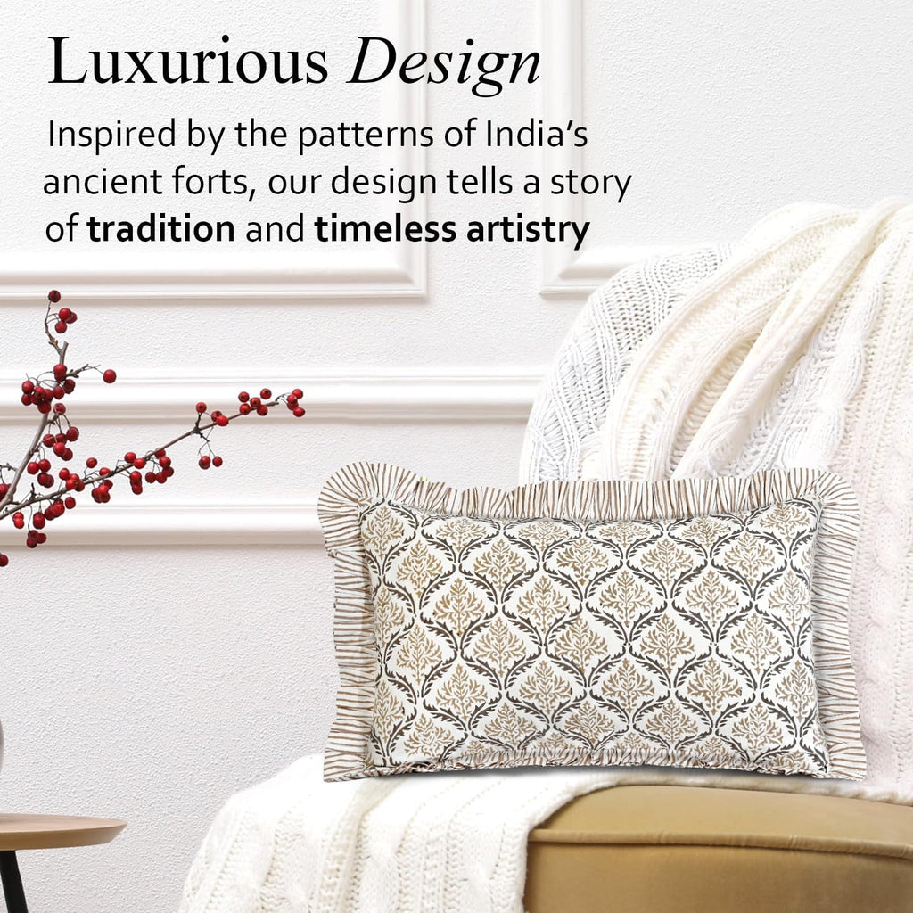 Cottonprintclub CPC Hand Block Print Sandstone Regal Ruffle Sham Pillow Cover 20" x 12" inch Hidden Zipper Decorative Pillowcase for Couch,…