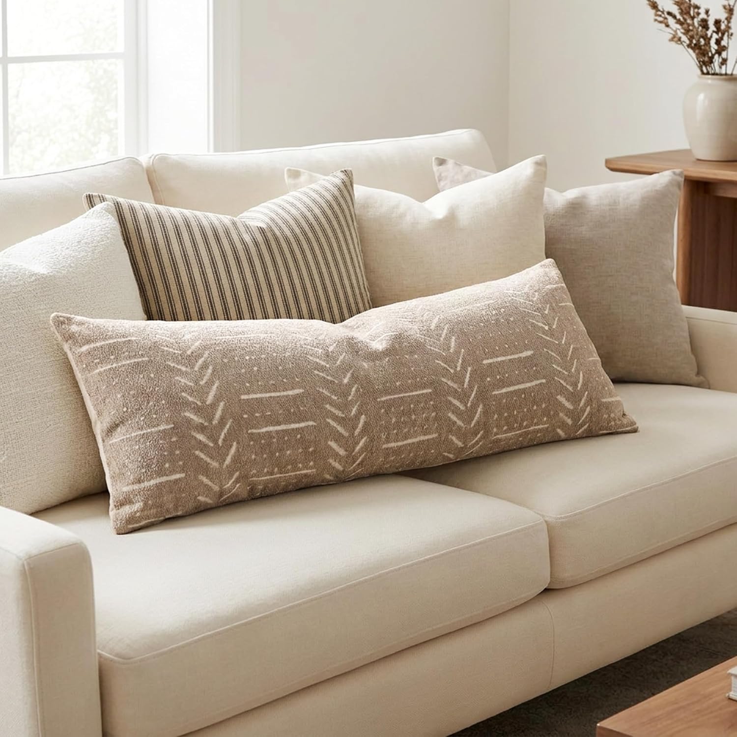 BlissBlush Decorative Long Lumbar Pillow Cover 14x36 for Bed, Taupe Soft Woven Chenille Accent Pillow Cover for Bedroom Couch Sofa…