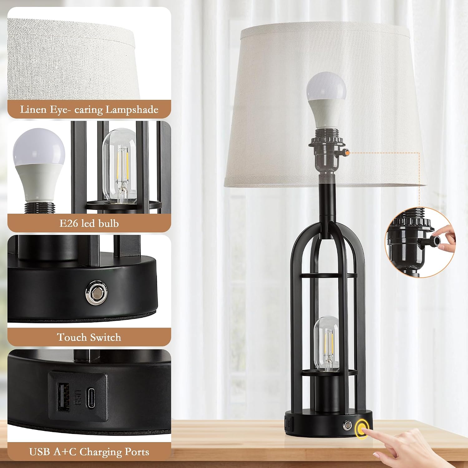 SRJJA 24" Table Lamps for Living Room Set of 2, Farmhouse Industrial 3-Way Dimmable Touch Bedside Lamps with USB A+C for Bedroom…