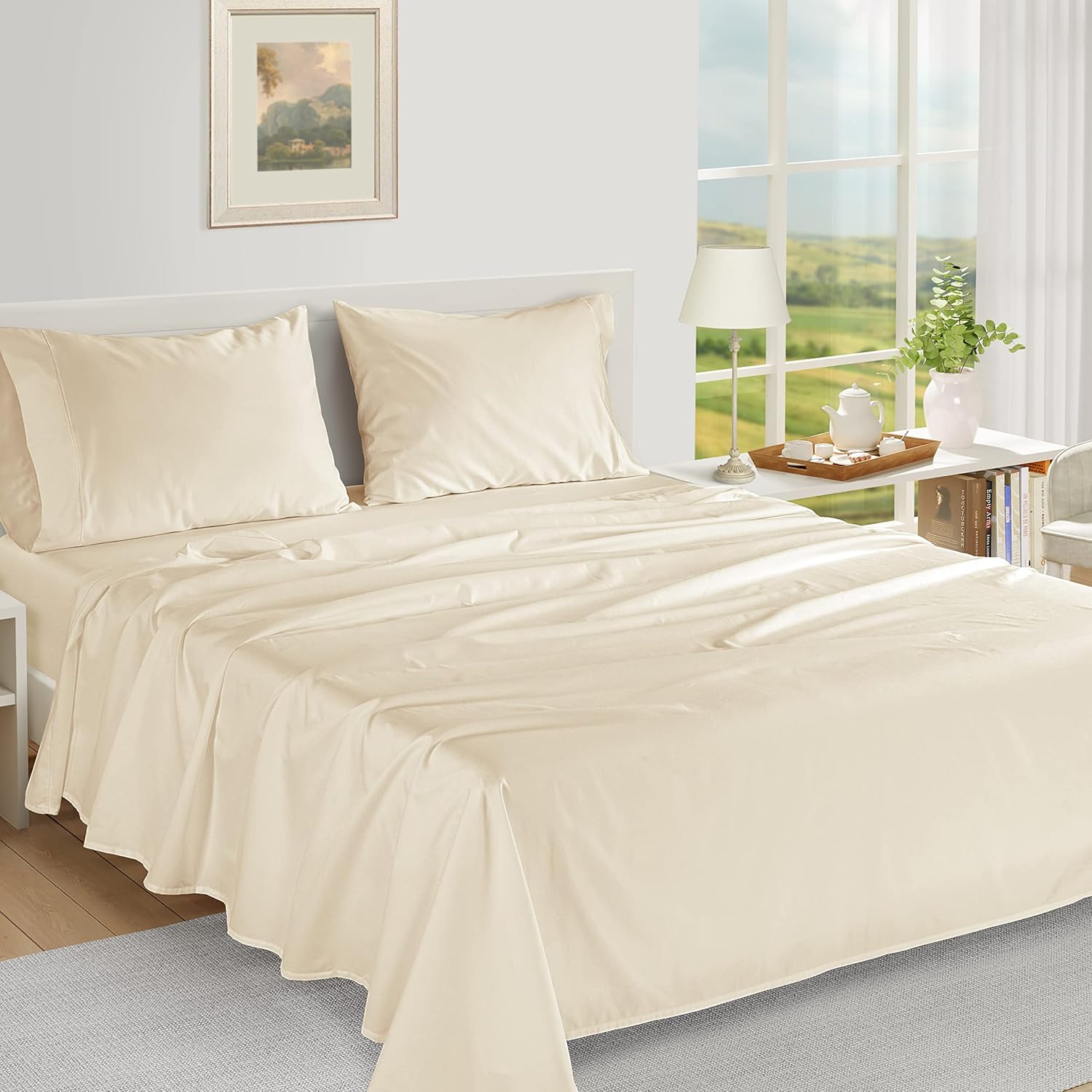LaneLinen LANE LINEN Queen Ivory Pillow Cases Set of 2 100% Egyptian Cotton Sateen Perfect for Home Hotels & Hospital Use Standard Size Cot…