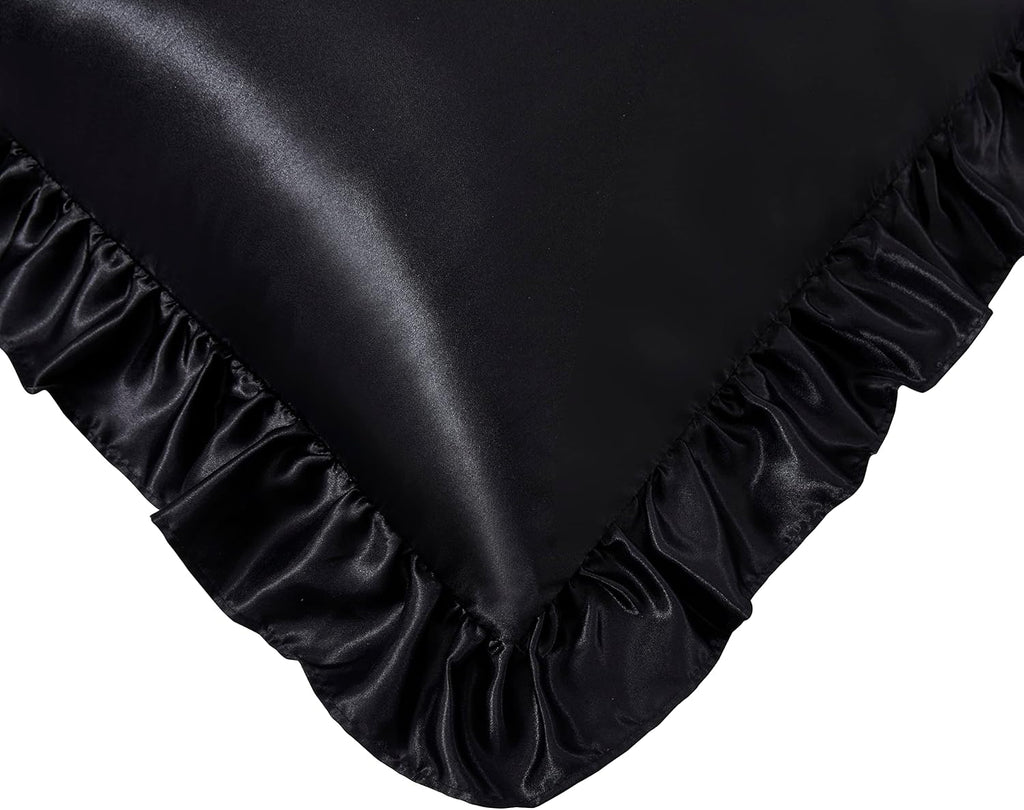 HommxJF Black Satin Ruffled Pillow Cases for Hair and Skin, Black Silk Pillowcases Standard Set of 2 with Envelope Closure Princess Room Dec…