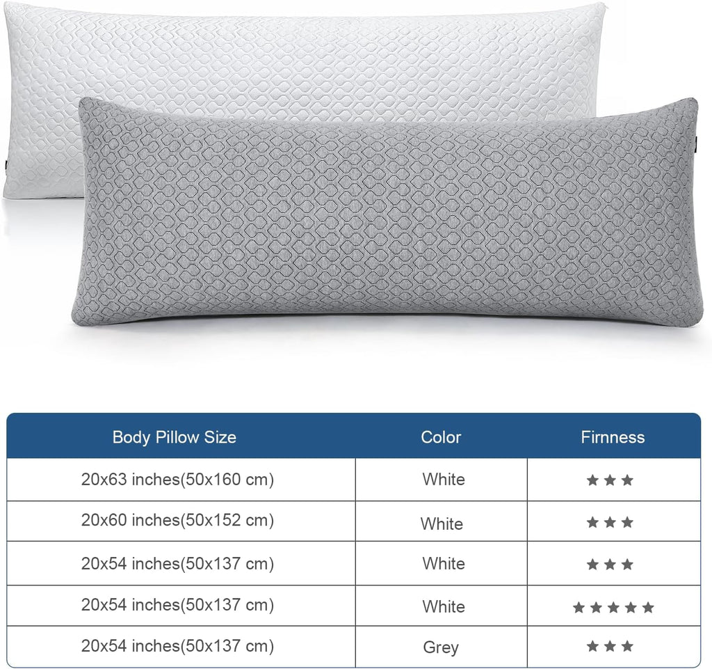 Rainmr Thick Memory Foam Body Pillow - Full Body Pillows for Side Sleeper - with Grey Cooling Pillowcase 20 x 54 inches