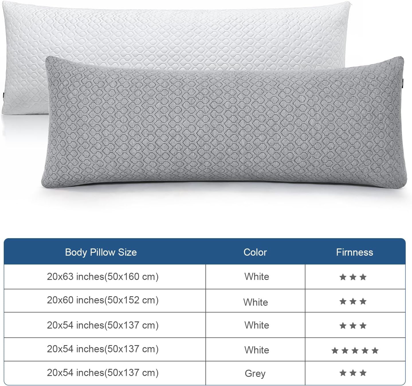 Rainmr Thick Memory Foam Body Pillow - Full Body Pillows for Side Sleeper - with Grey Cooling Pillowcase 20 x 54 inches
