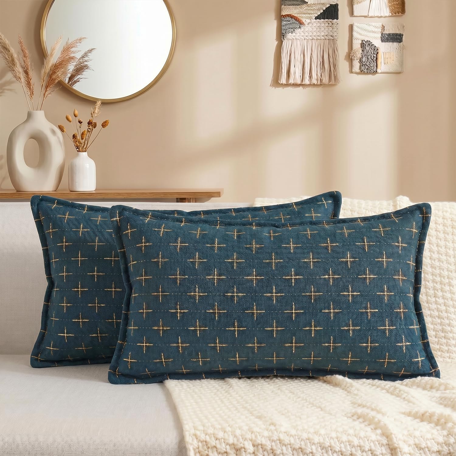 AVOINcolorlife AVOIN colorlife Pack of 2 Decorative Throw Pillow Covers 20x12 Inch, Flange Edges Woven Textured Cushion Case Home Decor for…