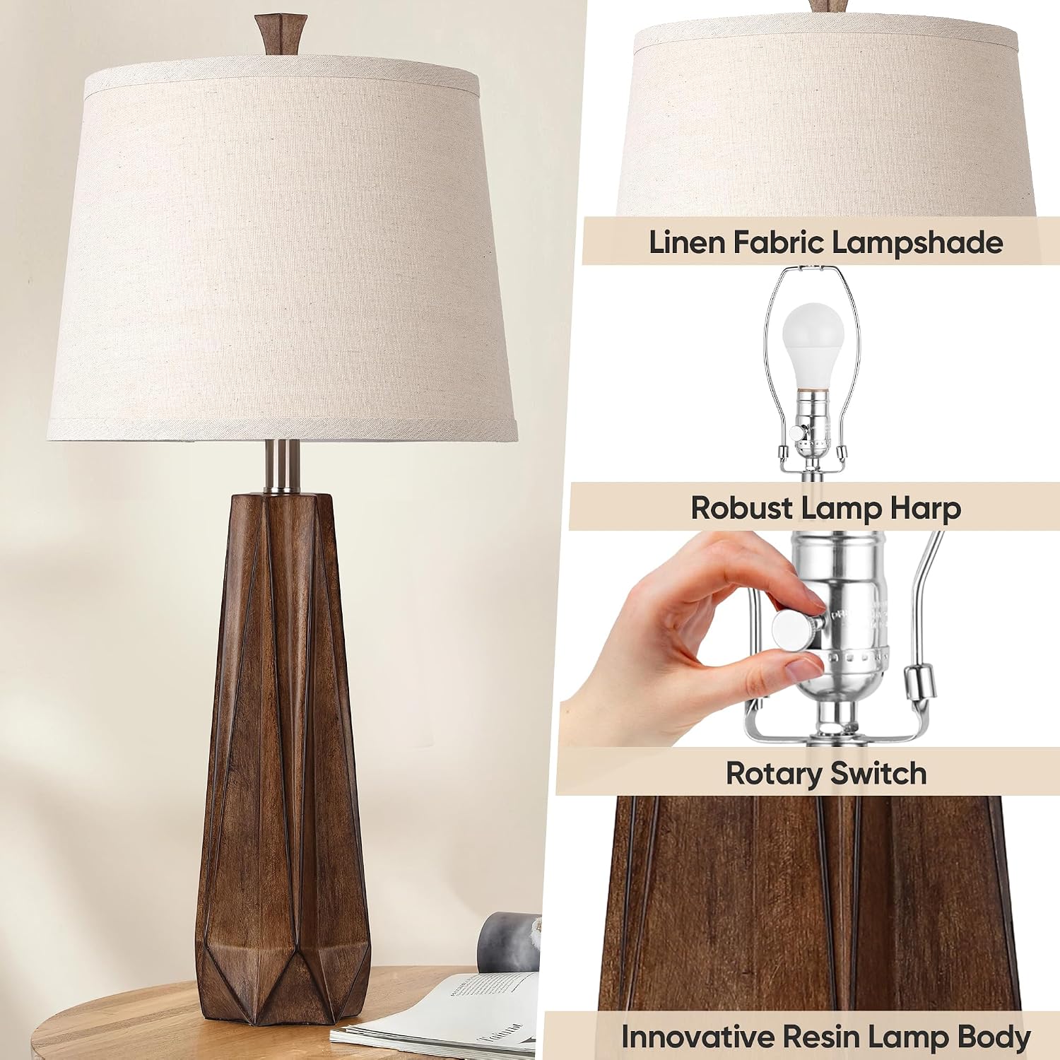 WIHTU 3 Color Temperature Table Lamps Set of 2, Beside Lamp with Linen Shade, 27'' Wood Grain Color Modern Table Lamp for Living Room…
