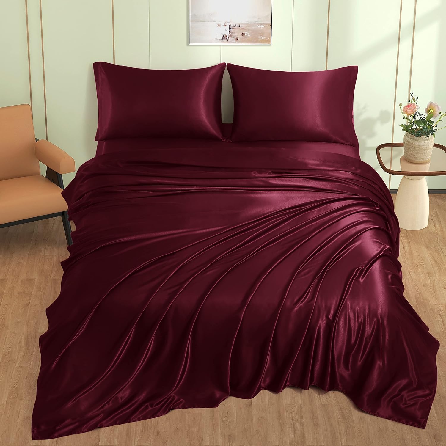 VACVELT 4pcs Burgundy Satin Sheets King Size Bed Set, 15 Inch Deep Pocket Silky Satin Sheet Set, Soft Satin Bedding Set Cooling & Luxury…
