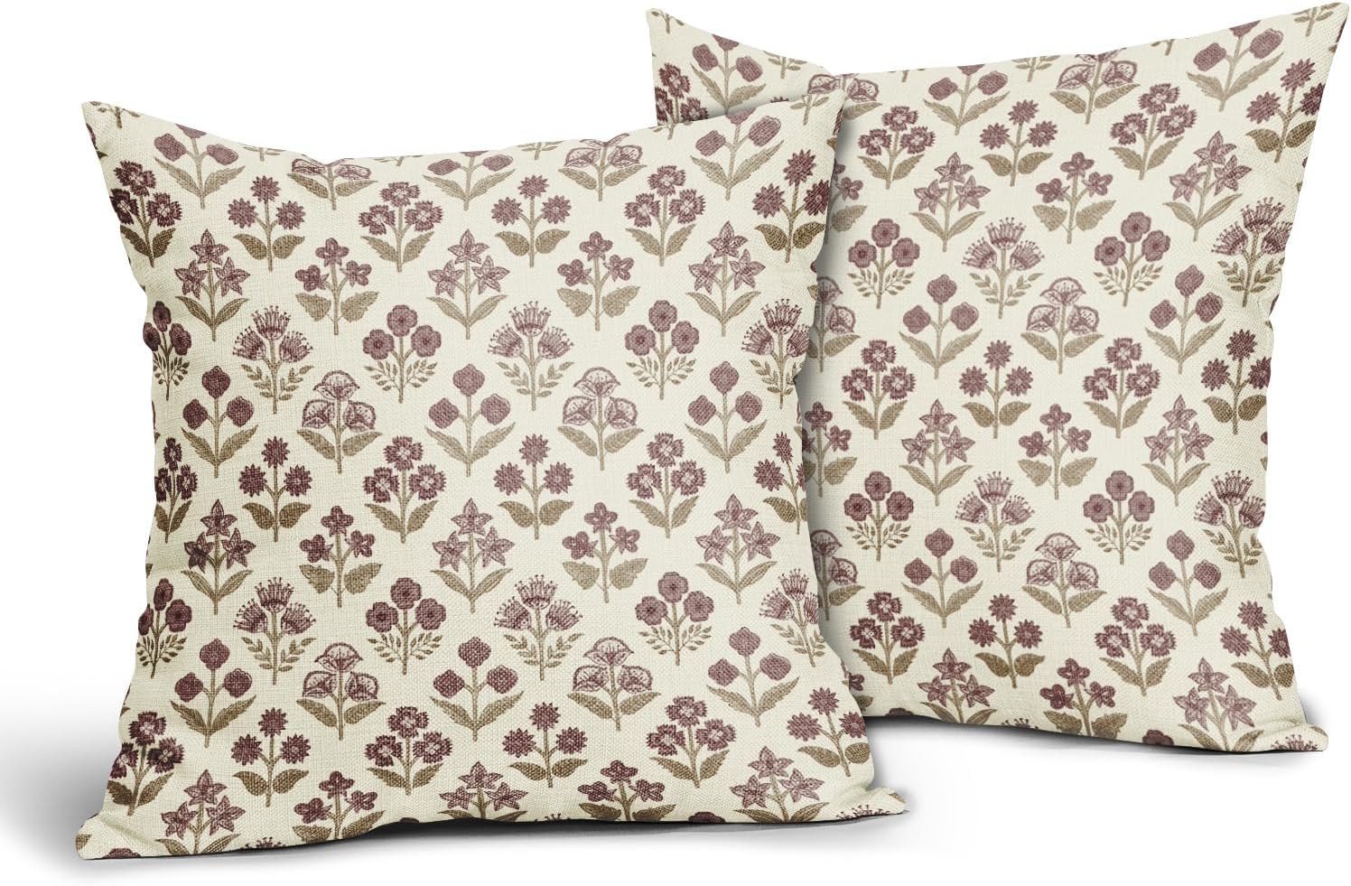 Brown Burgundy Red Floral Block Print Pillow Covers 18x18 Inch Set of 2, Vintage Flower Pattern Decorative Throw Pillowcases Outdoor…