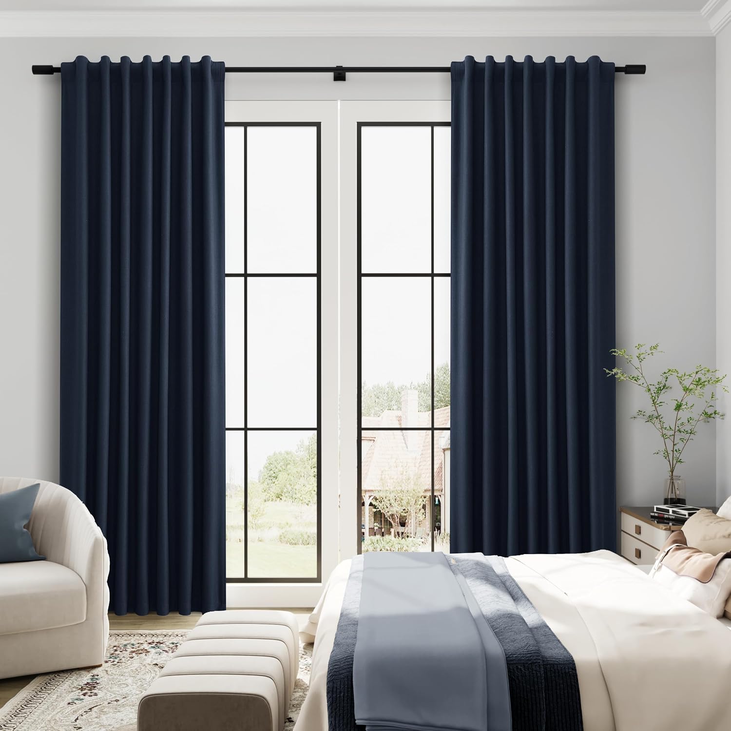 Guken Navy Blue 100% Blackout Linen Curtains for Living Room 84 Inches Long 2 Panel Sets Elegant Textured Back Tab Hook Belt Room Darkening…