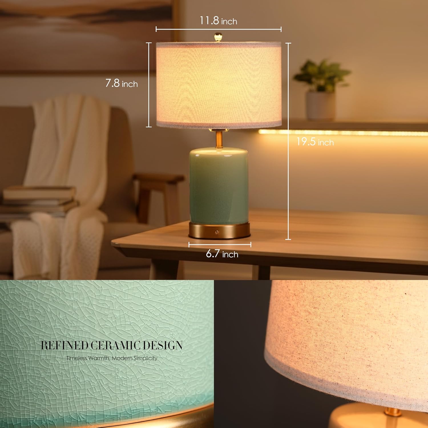 O’Bright Dune - Battery Powered Table Lamp, Rechargeable Cordless Ceramic Lamp, Full-Size 19.5 Inch Height, Dimmable, Smart Safety…