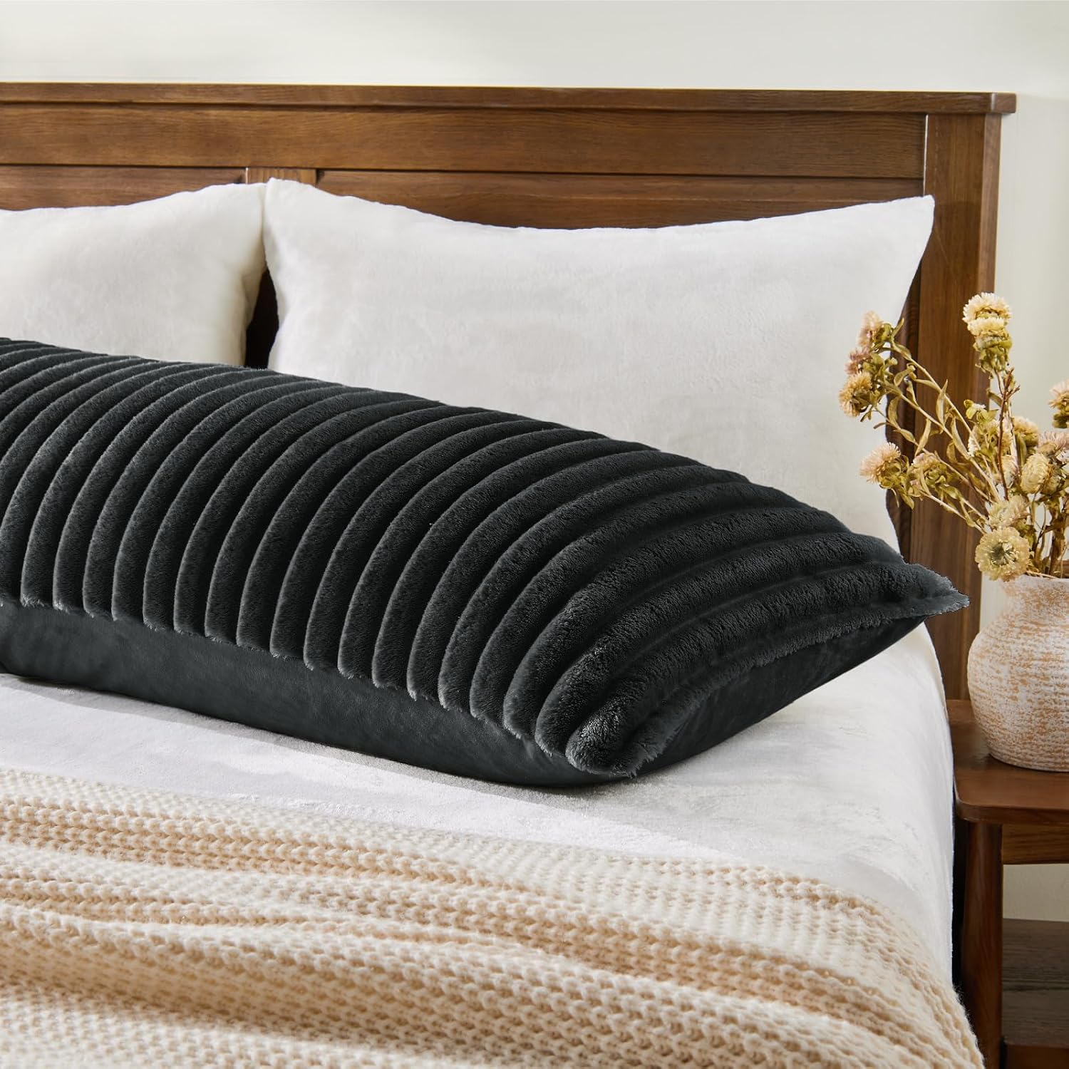 Bedelite Fluffy Faux Fur Body Pillow Cover with Zipper, Luxury Plush 3D Striped Pillow Cover 20x54 Inches, Super Soft and Cozy Long Body Pi…