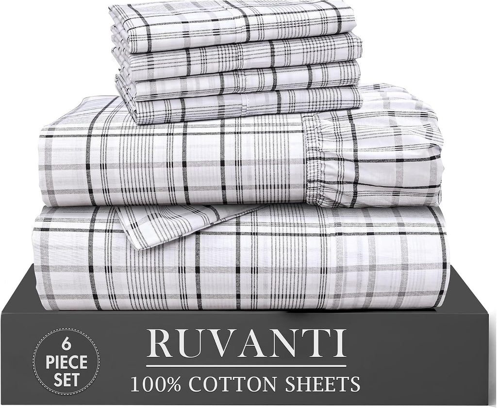 Ruvanti 100% Cotton Percale Sheets King Size 6 Piece Set, Cooling Bed Sheets for Hot Sleepers, Deep Pocket 16”, Breathable Lightweight & Du…