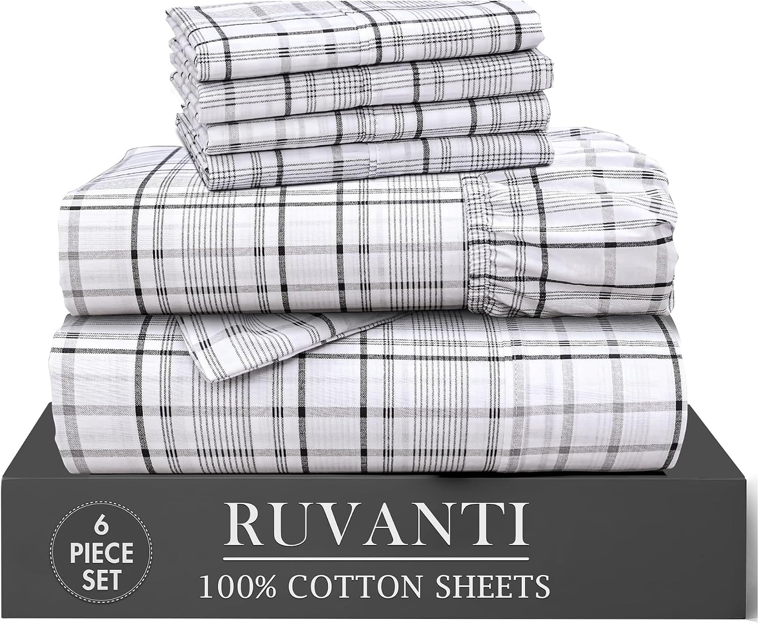 Ruvanti 100% Cotton Percale Sheets King Size 6 Piece Set, Cooling Bed Sheets for Hot Sleepers, Deep Pocket 16”, Breathable Lightweight & Du…