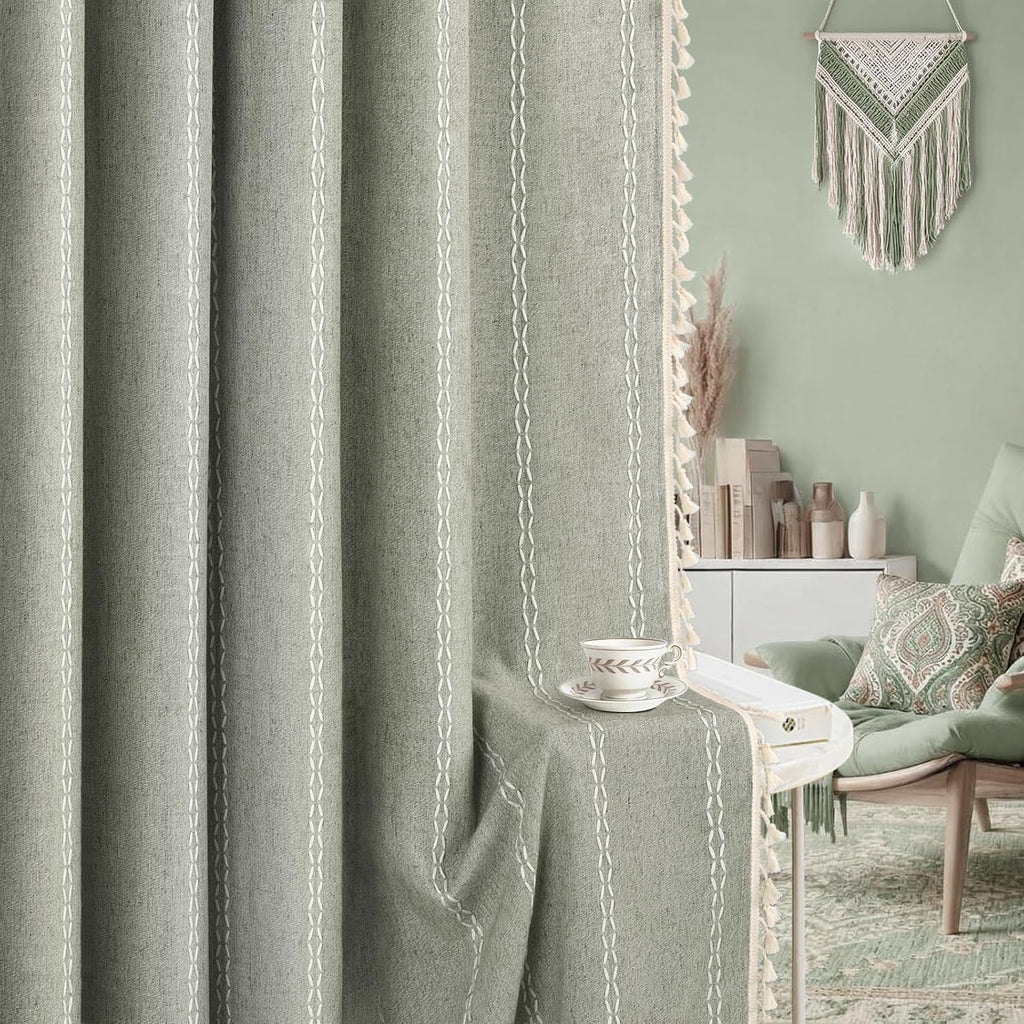 XOGUIBO Boho Blackout Curtains 96 Inches Long Sage Green Linen Blend 2 Panels with Tassels and Cotton Embroidery, Farmhouse Vintage…