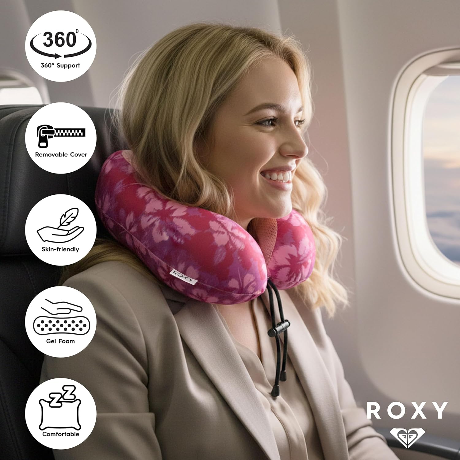 Roxy Cooling Gel Neck Pillow, Memory Foam Travel Neck Pillow for Airplane, Ergonomic Neck Support Pillow for Travel, Plane, Car & Office, B…