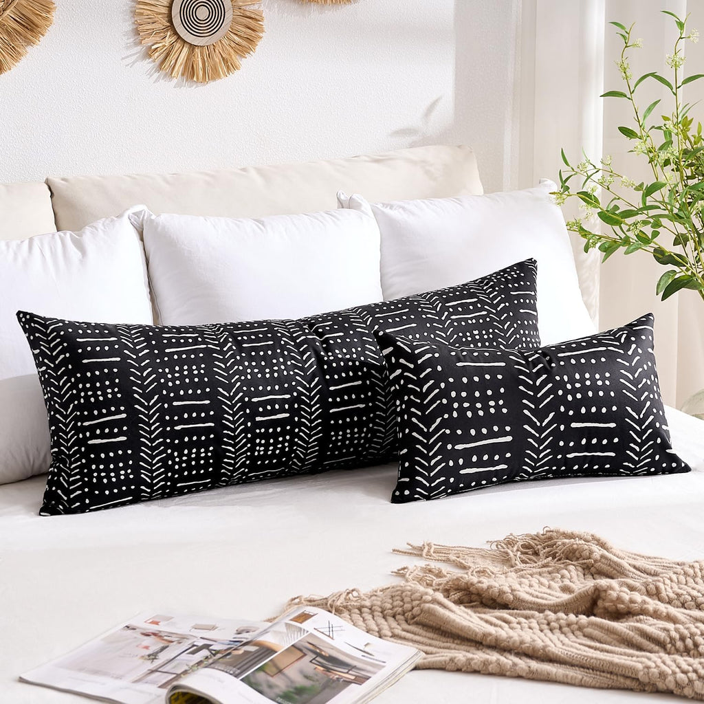 BONSTRAP Black Decorative Lumbar Throw Pillow Covers Boho Long Pillow Covers 14X36 Farmhouse Cushion Covers 1 Piece Neutral Woven Te…