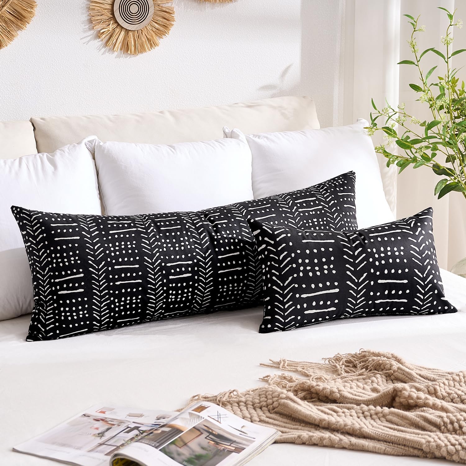 BONSTRAP Black Boho Body Pillows Covers Decorative Long Lumbar Accent Throw Pillow Covers Large Queen 20x54 1 Piece for Bed Sleeping…