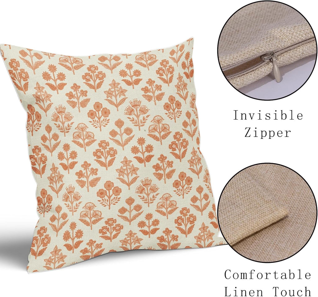 Orange Floral Pillow Covers 18x18 Inch Set of 2, Vintage Flower Block Print Pattern Decorative Throw Pillowcases Outdoor Farmhouse…
