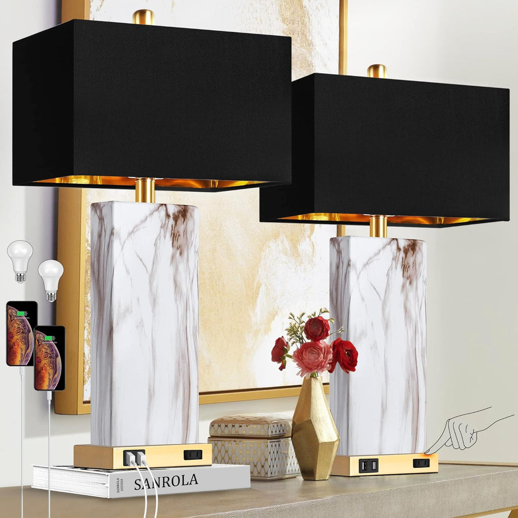 Touch Control Table Lamps Set of 2, Modern Contemporary Bedside Lamp with 2 USB Ports 1 AC Outlet, 3-Way Dimmable Nightstand Lamp Faux…
