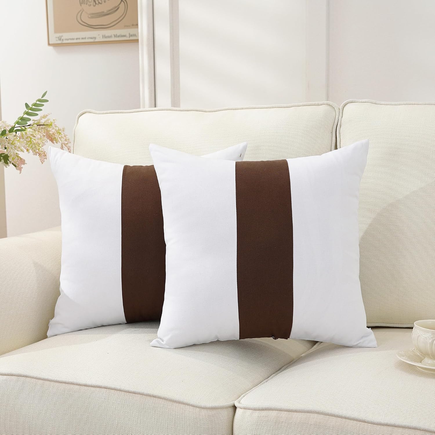 TAOSON Set of 2, 100% Cotton Canvas Patchwork Throw Pillow Covers 24x24 Inch Modern Brown Striped Pillow Cushion Covers Farmhouse Decor…