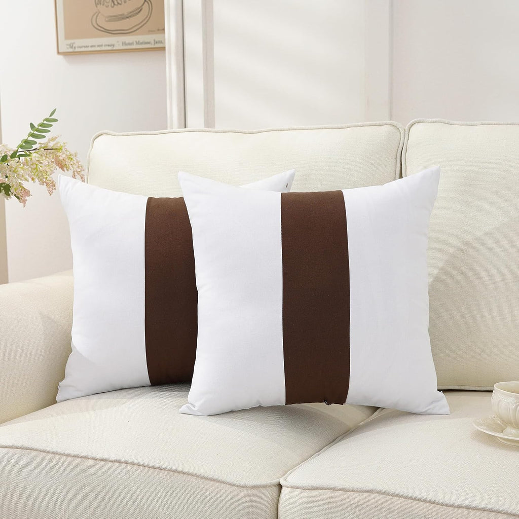 TAOSON Set of 2, 100% Cotton Canvas Patchwork Throw Pillow Covers 20x20 Inch Modern Brown Striped Pillow Cushion Covers Farmhouse Decor…