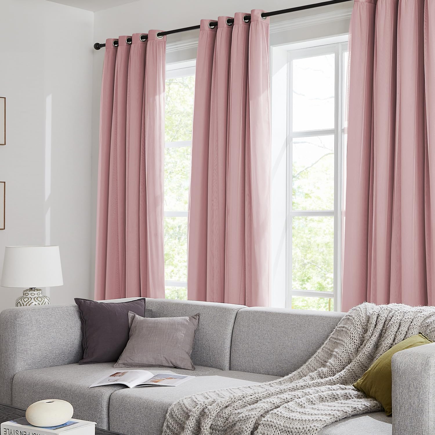 Swandream 100% Blackout Curtains for Bedroom, Double Layer Pink Curtains, Black Out Curtain 63 inch Long with Sheer Overlay for Living Room…