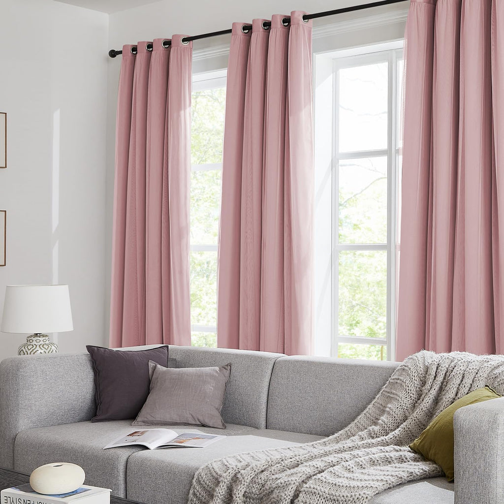 Swandream 100% Blackout Curtains for Bedroom, Double Layer Pink Curtains, Black Out Curtain 96 inch Long with Sheer Overlay for Living Room…