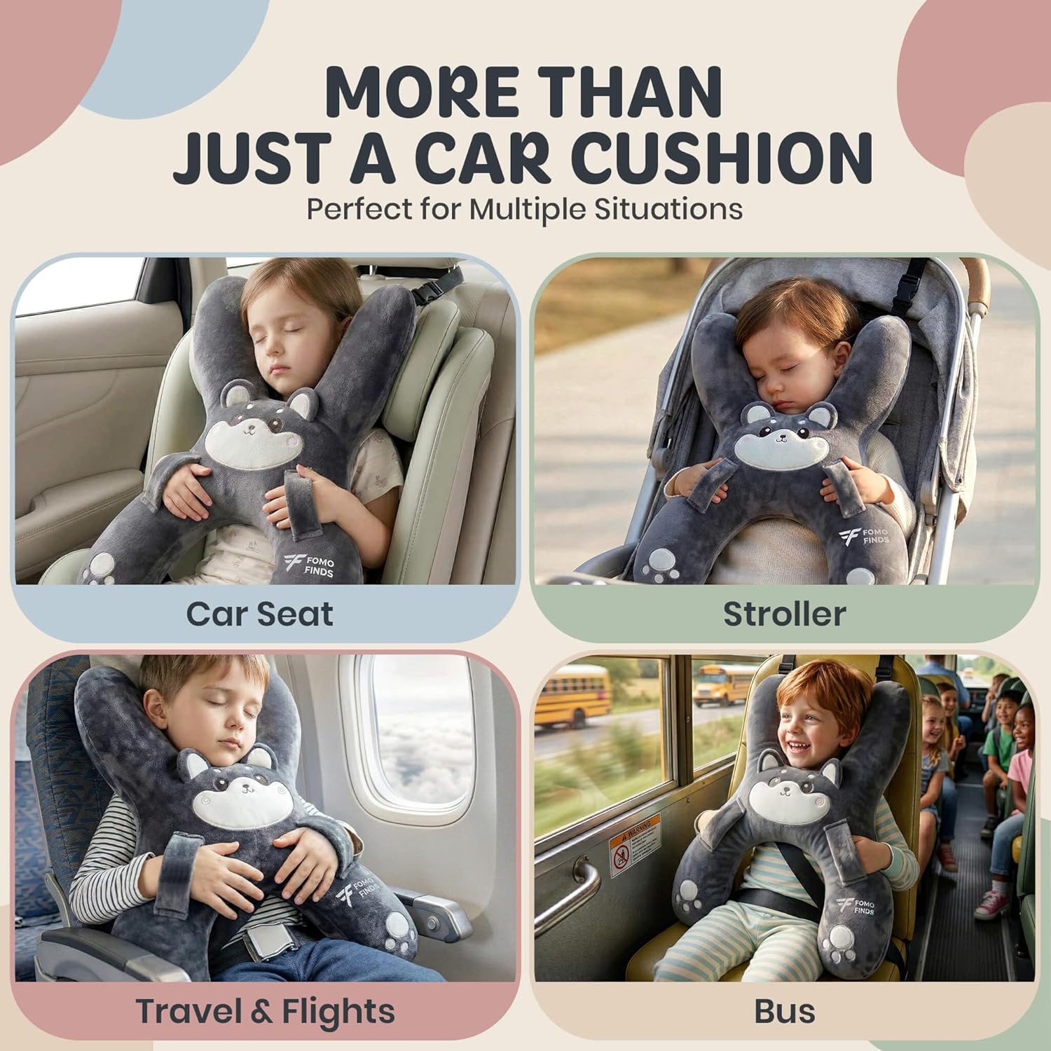 Kids Car Sleeping Pillow - X-Shaped Plush Animal for Neck & Back Support - Hands & Seat Belt Slot - Machine Washable & Compressible…