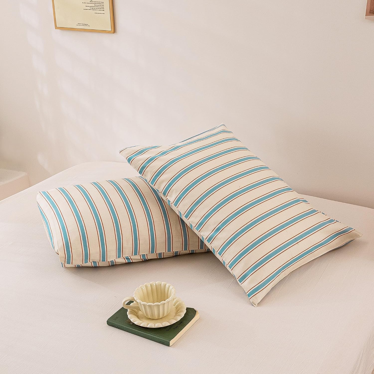 ECOCOTT Striped Pillowcases Standard Size Set of 2, 100% Washed Cotton Pillow Cases with Envelope Closure, Blue&Brown Ticking Stripe…