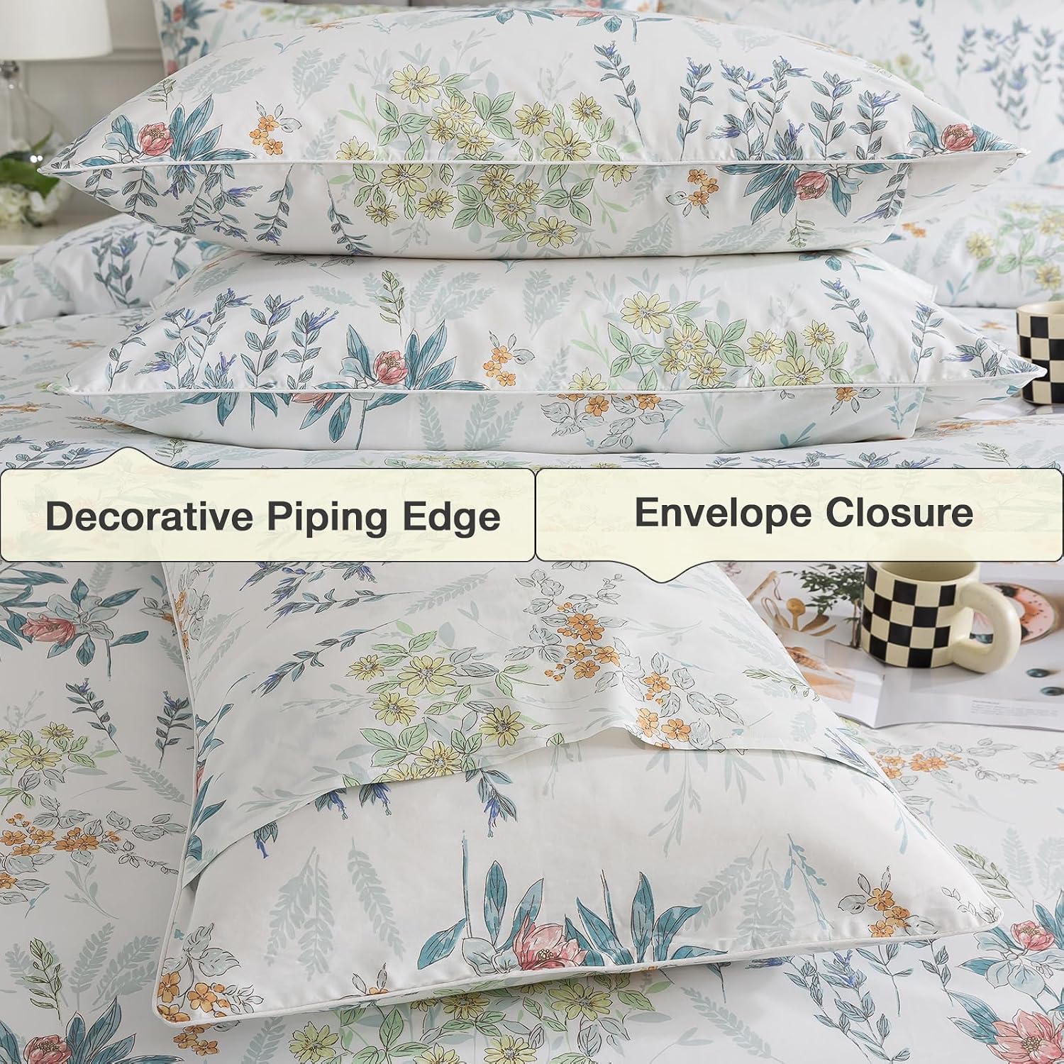 Puralens White Queen Floral Duvet Cover, Shabby Leaf Chic 100% Cotton Percale Duvet Cover Set with Zipper, Flower Patterned Farmhouse Toile…