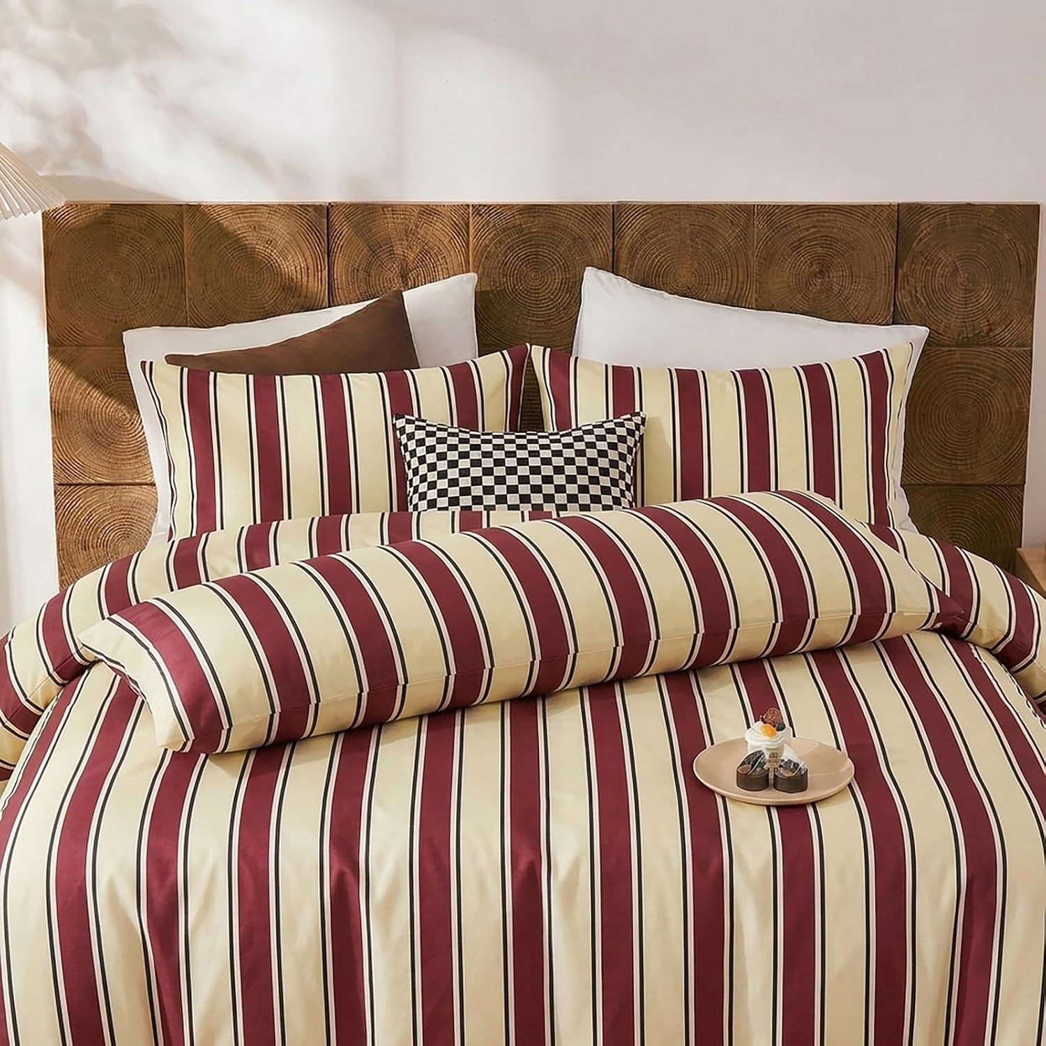 Merryword 100% Cotton Pillow Cases, Standard Size Pillowcases, Burgundy & Cream Striped Pillowcases, Luxury Linen Like Pillowcase, Soft Bre…