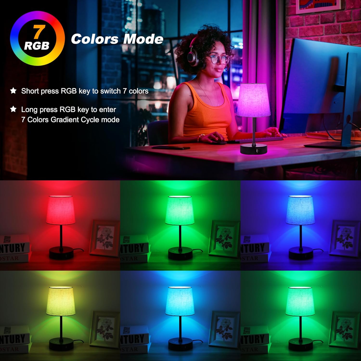 Ascher Small Bedside Table lamp Set of 2, RGB Color Changing Lamps, 3 Color Temperatures, Dimmable Nightstand Lamp with USB C+A Ports…