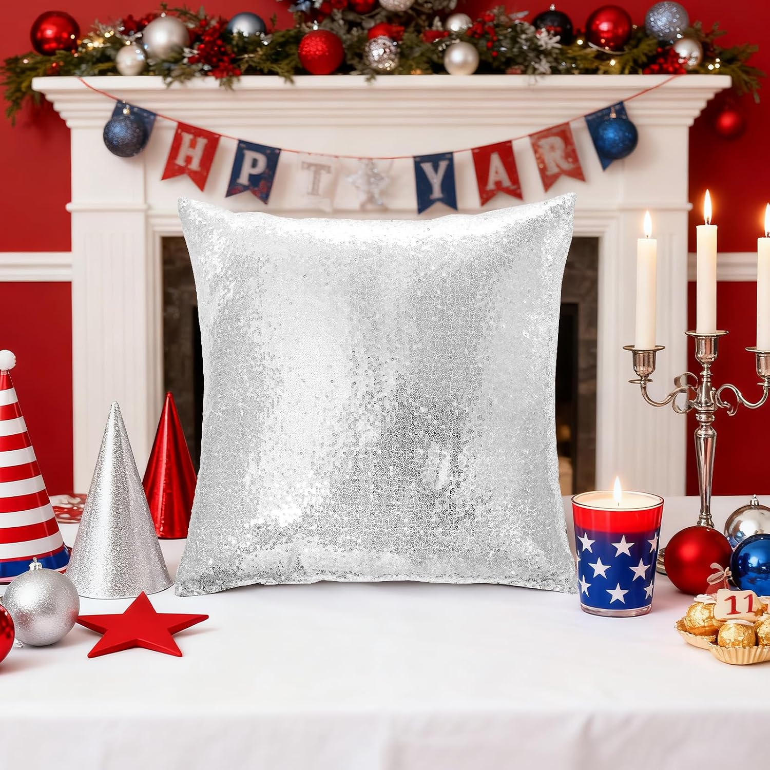 Eternal Beauty Set of 2 Sequin Decorative Pillow Covers Silver Pillow Cover s for Couch Bed Throw Pillows 18 X 18 Inches