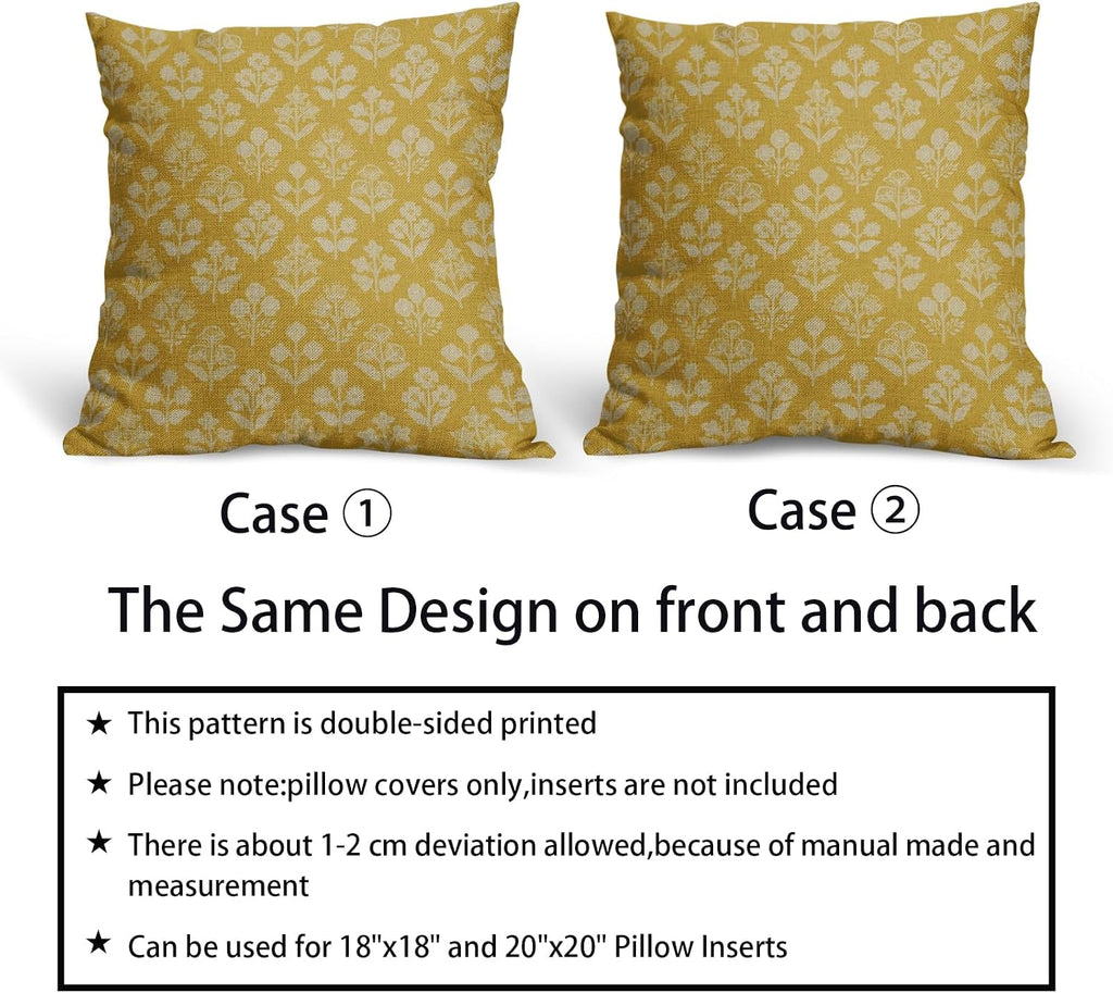 Yellow Floral Pillow Covers 24x24 Inch Set of 2, Vintage Flower Block Print Pattern Decorative Throw Pillowcases Outdoor Farmhouse…